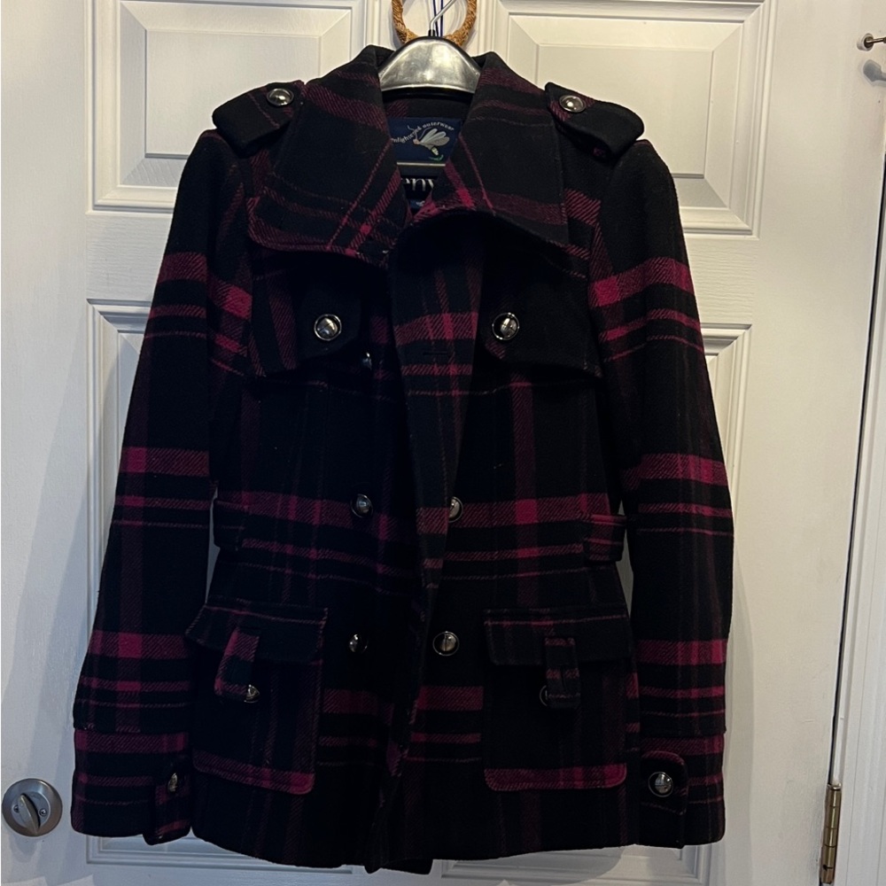 Women's Pea Coat Black & Purple Plaid Double-Breast Jacket